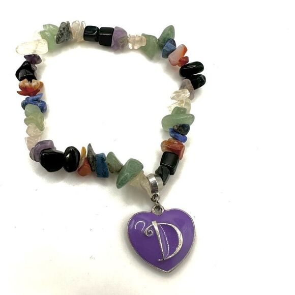 Multi gemstone D heart monogram charm bracelet - Picture 1 of 9
